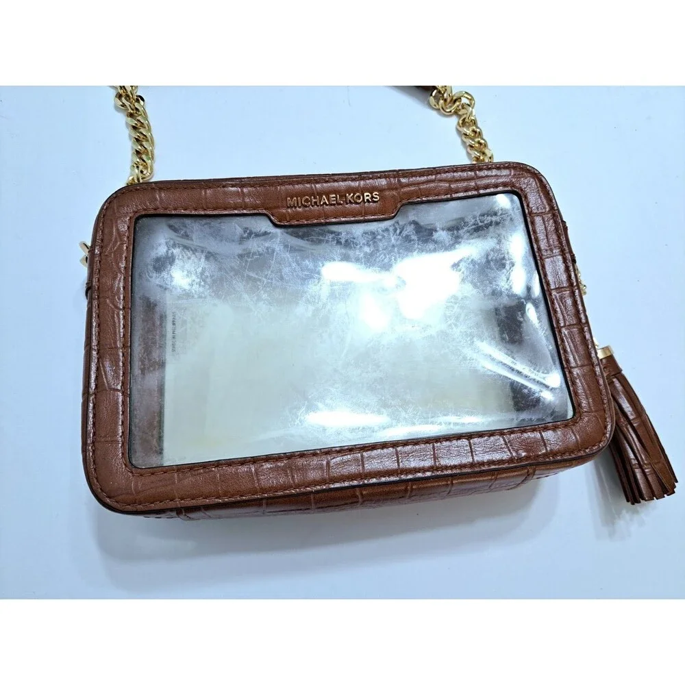 Michael Kors Clear Crossbody Bag Zip Gold Chain Brown Leather Stadium Ginny Jet
